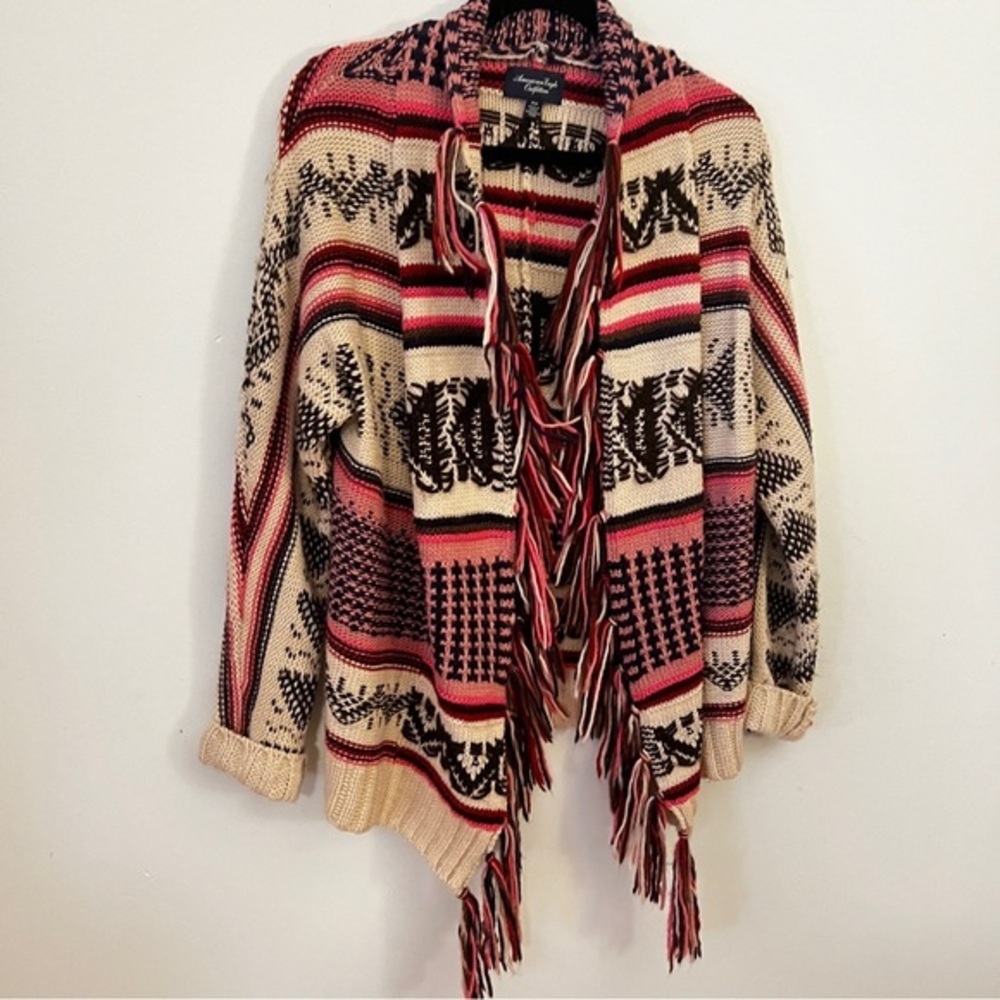American Eagle Outfitters Pink Cream Cardigan with Waterfall Collar & Fringe